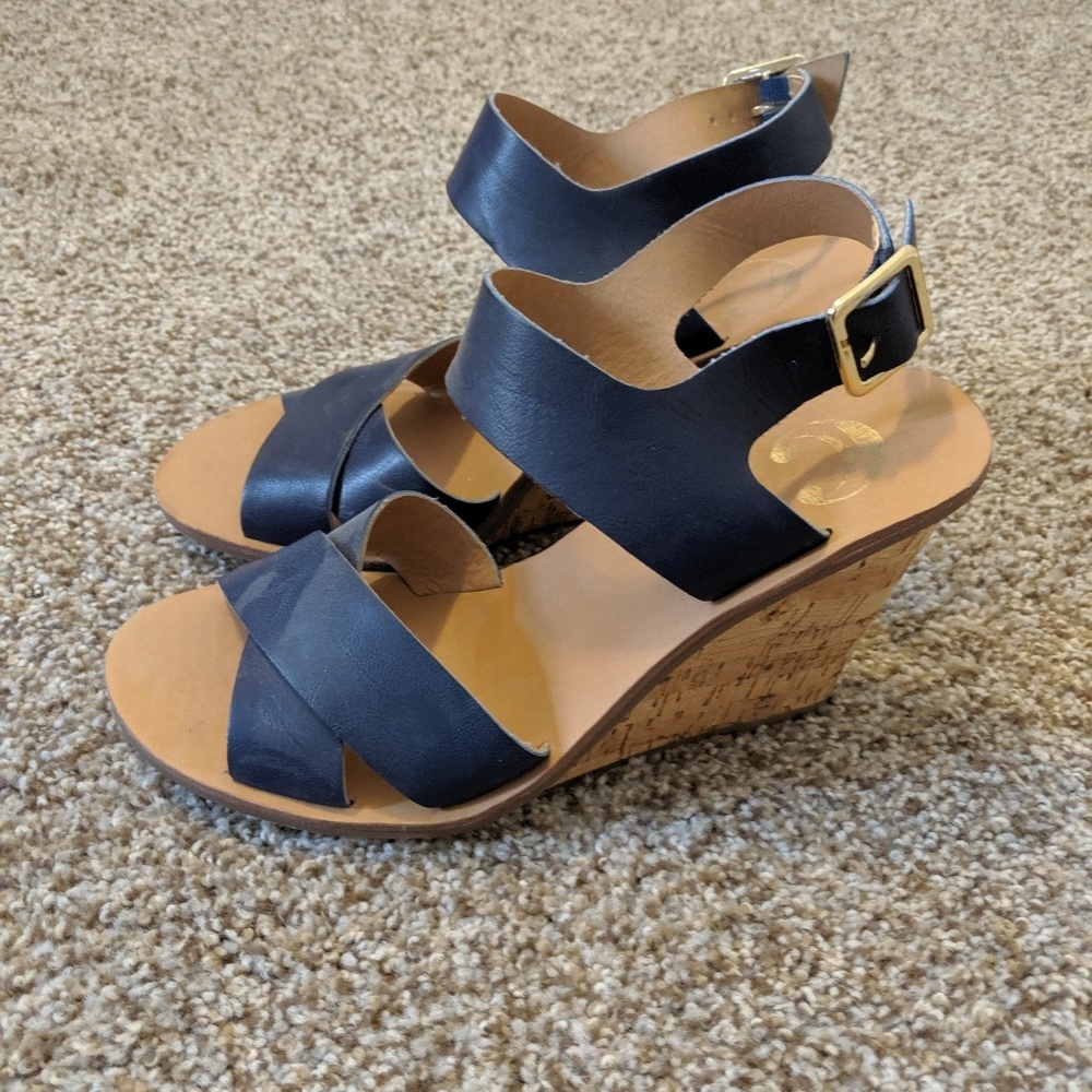 Blue strapped nude cork heeled sandal